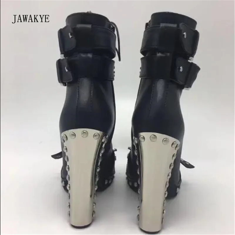 Cuero Botas Tacón Metal Hebilla Alto Estrecha Mujer Martin Black Punta Del Mujeres Moda Las Negro Punk Remache Tobillo Redonda De Zapatos F5wqCtt1