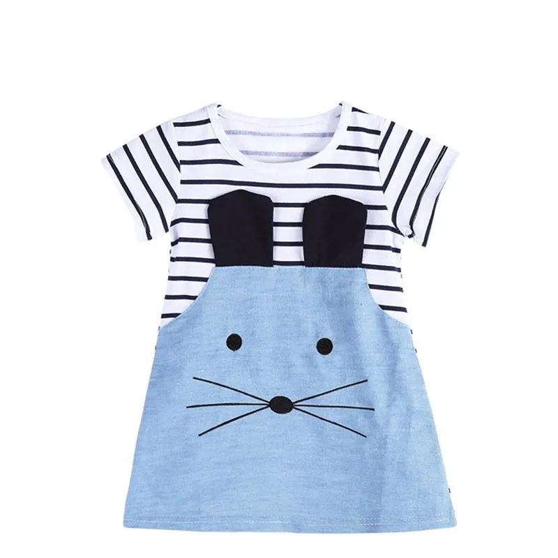 Summer  Striped Patchwork Character Girl Dresses Long Sleeve Cute Mouse Children Clothing Kids Girls Dress Denim Kids Clothes