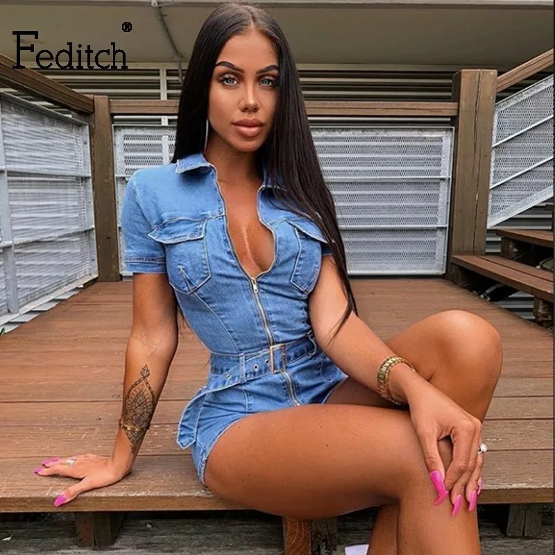 

Feditch New Street Women Playsuits Sexy Deep V Zipper Belt Blue Cowboy Short Sleeve Short Jumpsuits Summer Plasyuits Casual