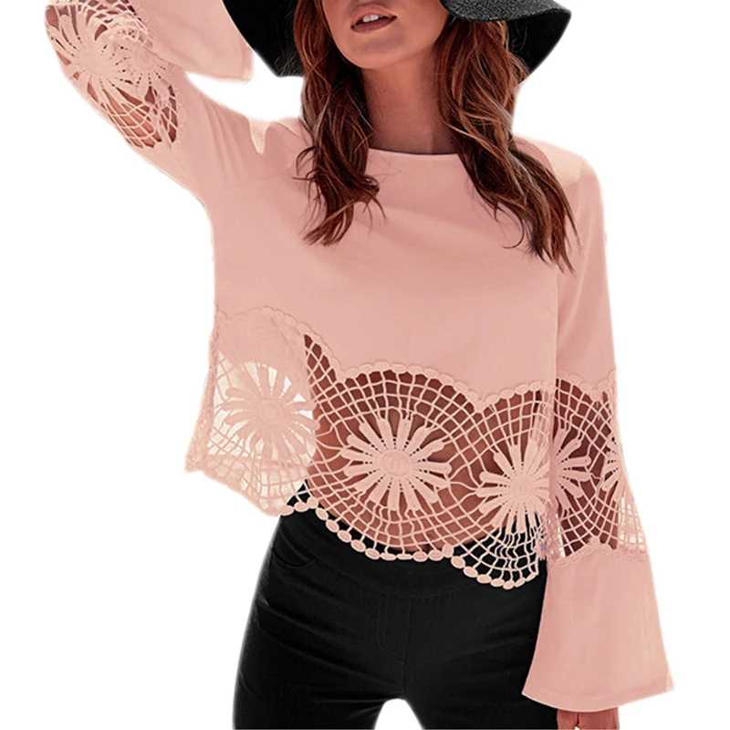 

Women Hollow Floral Lace Blouse Ladies Solid O-Neck Hollow Out Long Sleeve Patchwork Shirt Female Loose Casual Wear Chic Beach
