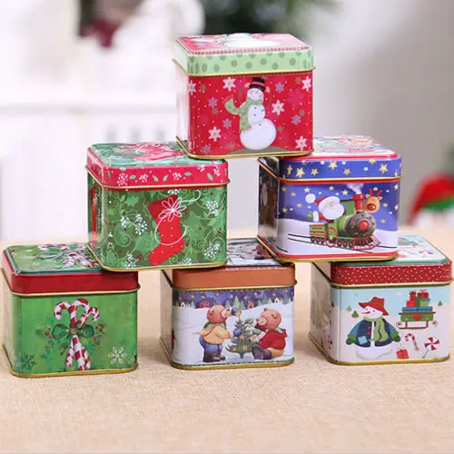 

New Christmas Style Square Tin Box Biscuit Candy Case Xmas Gift Cookie Storage