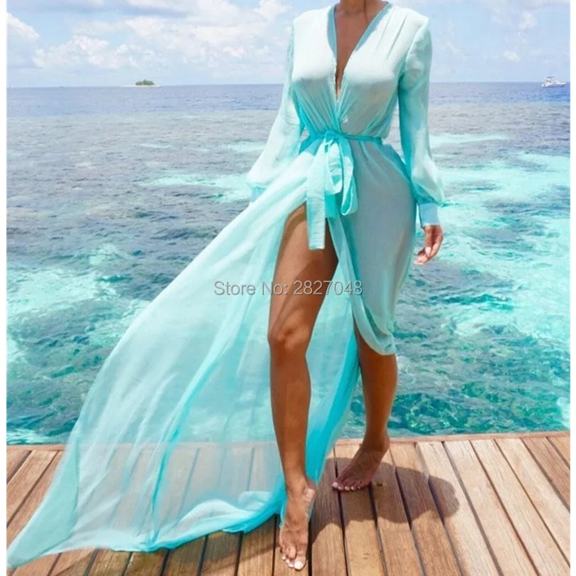 

Beach Cover ups Tunic Pareos Swimwear Women 2019 Bikini long sleeve Bandage Cardigan cover up Chiffon Swimsuits Beach Swim Wear