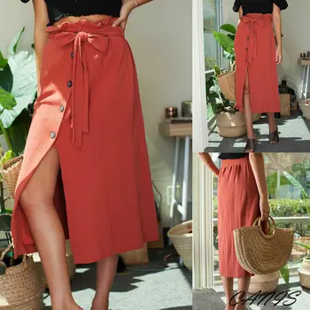 

2019 Newest Hot Fashion Womens Summer Solid Straight Midi Skirt High Waist Front Slit Button Bandage Skirts