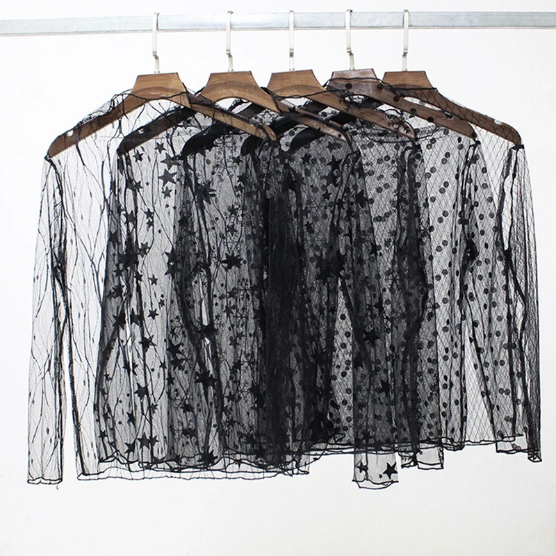 

Hot Sale 1PC See-through Star Lace Blouses Shirt Soft Sexy Striped Long Sleeve Black Free Size Black Dot Valentines Gift