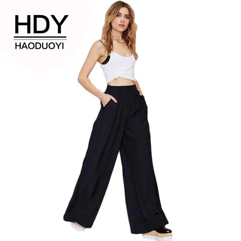 HDY HAODUOYI размера плюс женские новые модные однотонные черные свободные повседневные Широкие штаны с высокой талией для праздников и вечеринок