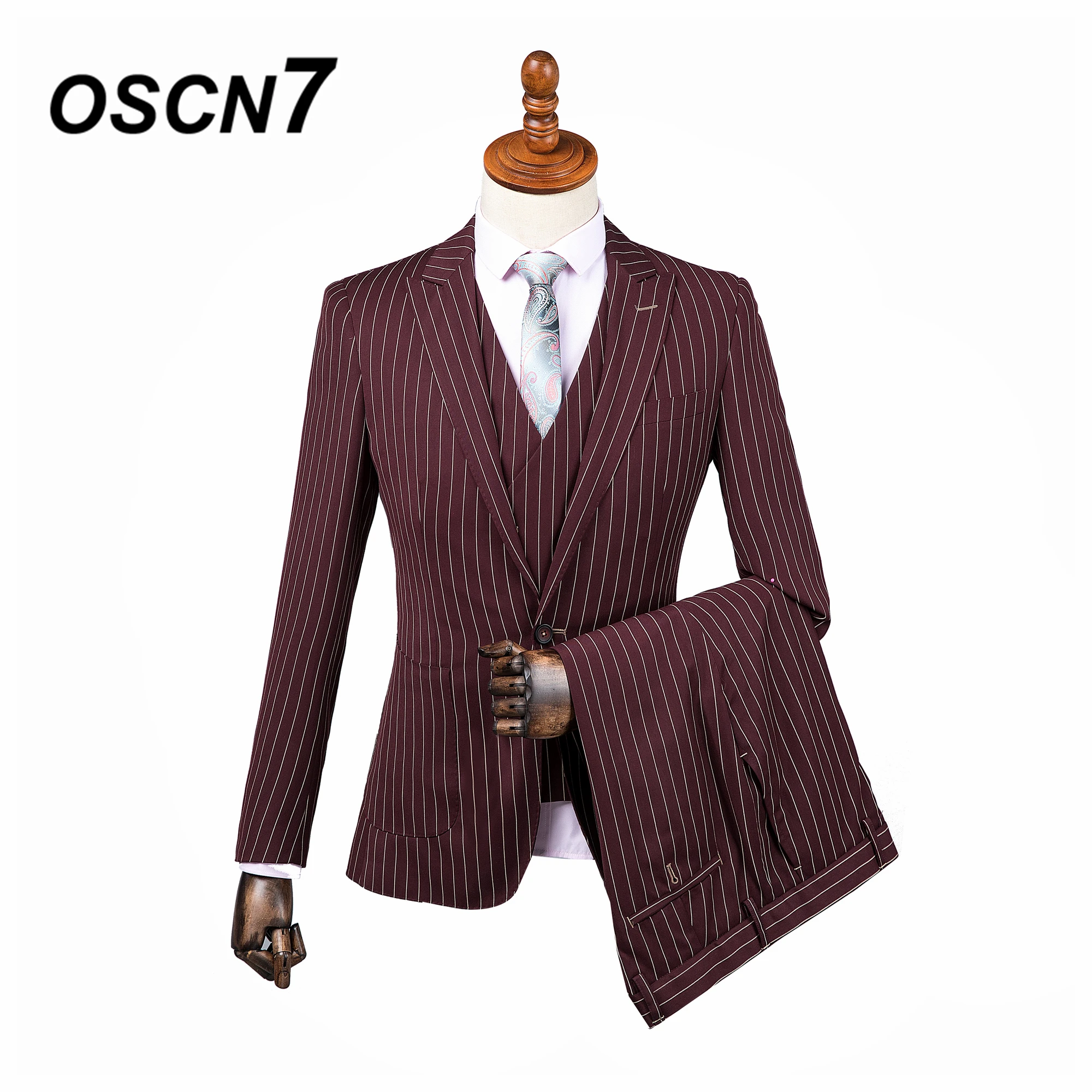 OSCN7 3 шт. красный Индивидуальные костюмы Для мужчин джентльмен белые вертикальные полосы свадебное платье индивидуальный заказ костюм Для