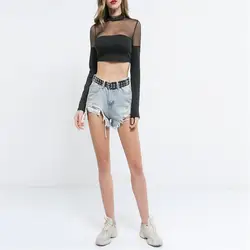 Сексуальные Женщины экипажа шеи Кружева Прозрачная сетка Sheer клуб Crop Top t-shirt tee top