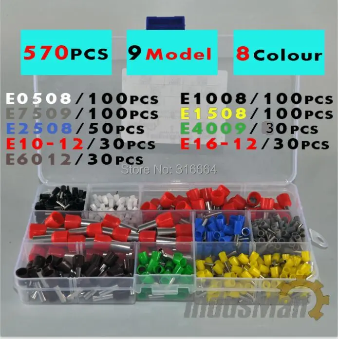 

570pcs/lot Terminales Wire Connector Awg 570pcs/lot Assorted 9 Value Bootlace Ferrule Electrical Crimp Terminal