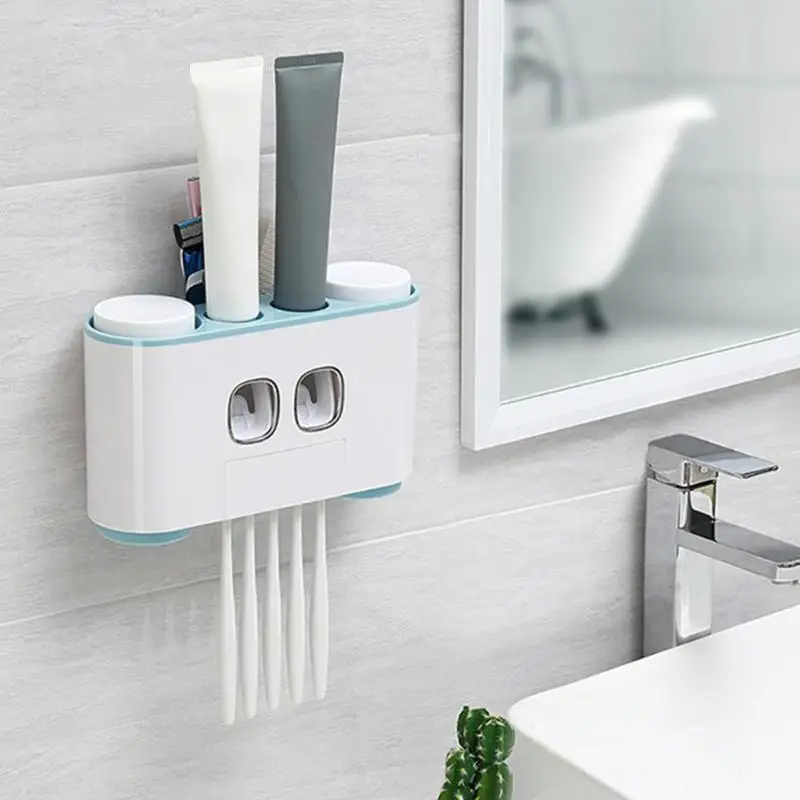 

Automatic Toothpaste Dispenser Dust-proof Toothbrush Holder with Cups No Nail Wall Stand Shelf Bathroom Organizer Hand Free