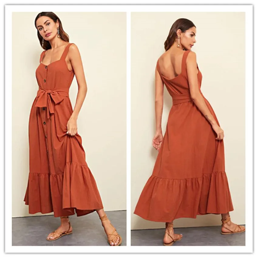 

Uguest Women Strapless Ankle-length Sleeveless Spaghetti Strap Dress Empire Sashes Summer Solid Mermaid Sweet Maxi Long Dresses