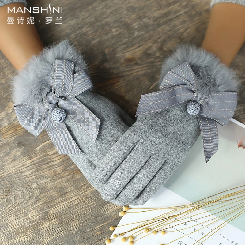 Wool Cashmere telefingers gloves woman winter Rabbit's Hair Lovely Student Thin plus velvet Thickness Touch Screen Gloves 0819