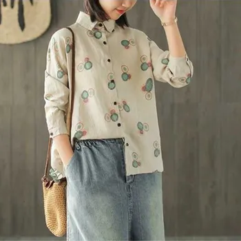 

New Fashion Female Print Single Breasted Casual Shirts Spring Turn-down Collar Long Sleeve Loose Blouses
