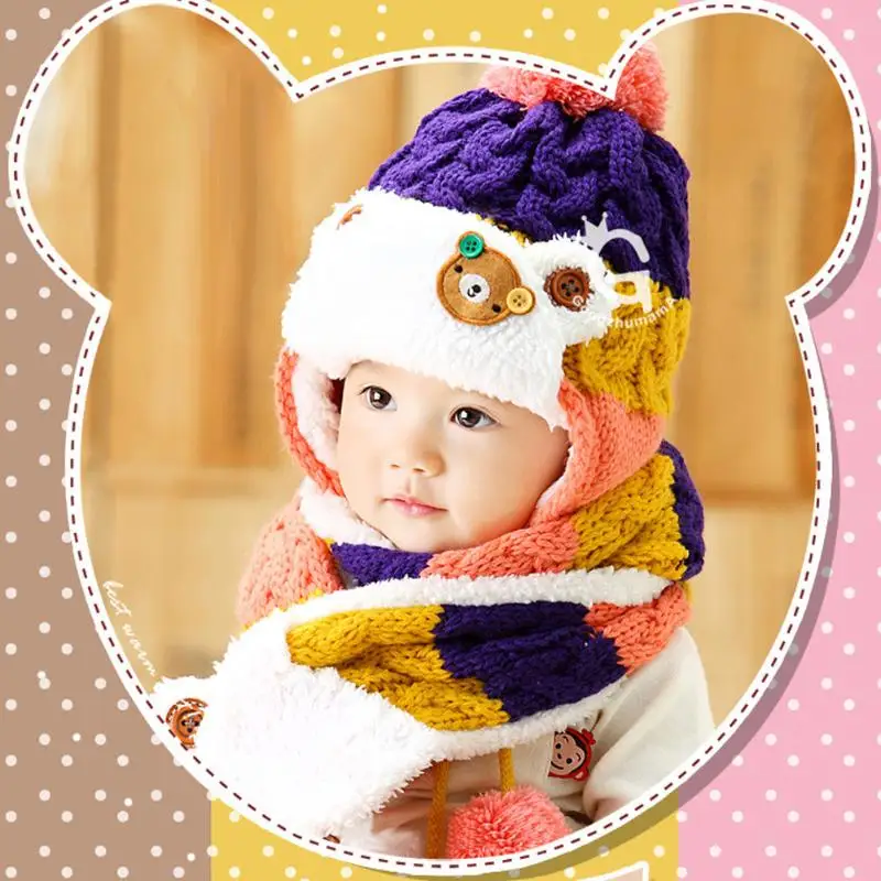 

2pc baby Warm winter hats Knitted Earflap Hat and Scarf Set Casual Kids Warm Skullies Beanies Warm Caps baby hats for girls boy