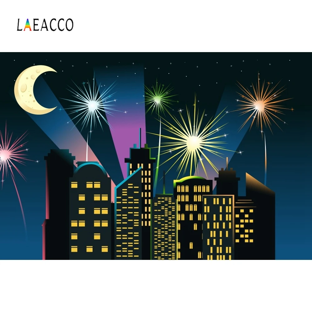 

Laeacco Cartoon Buildings Night Fireworks Backdrop Photography Backgrounds Customized Photographic Backdrops For Photo Studio