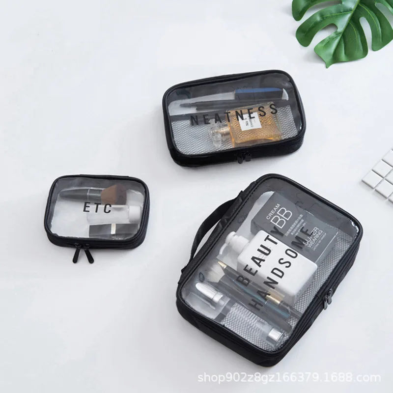 

2019Korean-Style Transparent PVC Toiletry Bag Waterproof Three-Piece Travel Wash Storage Bag Solid Color Handbag Custom
