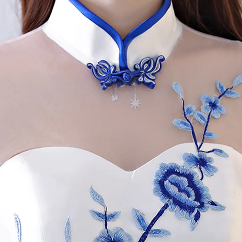 Китайский стиль вечернее платье без рукавов Cheongsam синий белый традиционные