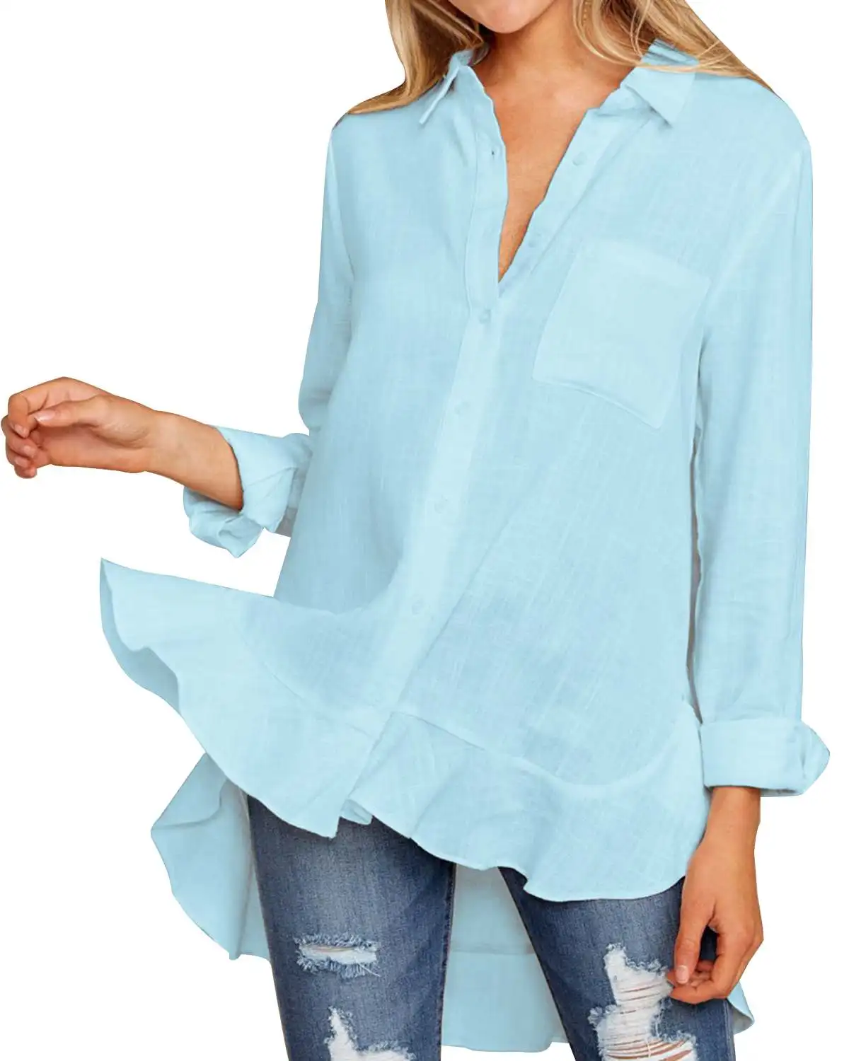 أنيقة الكشكشة البلوزات قمصان النساء 2019 الربيع الخريف مثير السيدات V الرقبة كم طويل غير المتكافئة تنحنح الصلبة قمصان جيوب