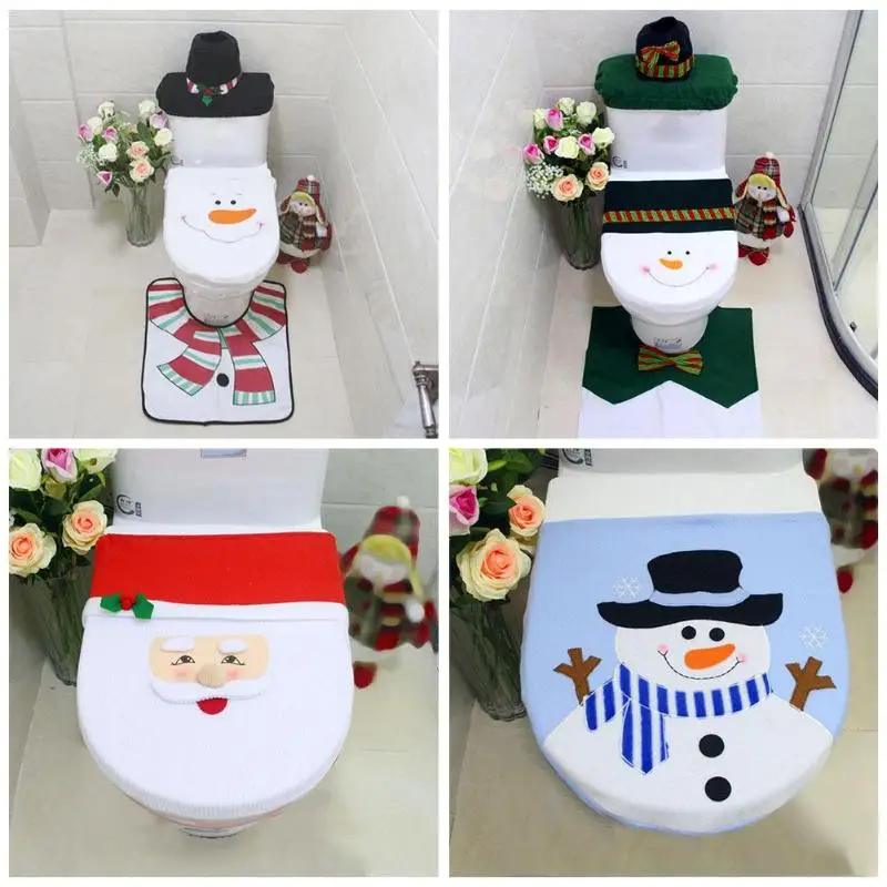 Santa Cover Toilet Seat and Santa Claus bath mats 1 set  Bath Foot Pillow Seat Cover Christmas New Year Decorations