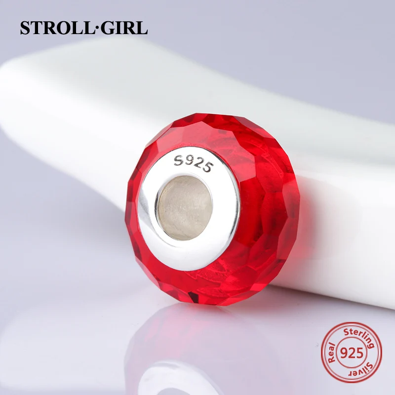 StrollGirl 925 silver sparkling Murano glass beads red color diy charms fit authentic pandora bracelet jewelry accessories gifts