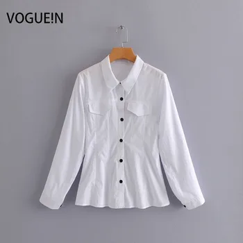 

VOGUEIN New Womens Casual White Slim Long Sleeve Fake Pocket Blouse Shirt Top Wholesale