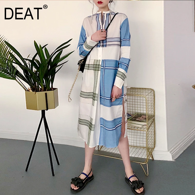 

[DEAT] 2019 New Spring Summer Stand Neck Long Sleeve Hit Colors Single Breasted Striped Spliced Shirt Dress Women Fashion 10C413