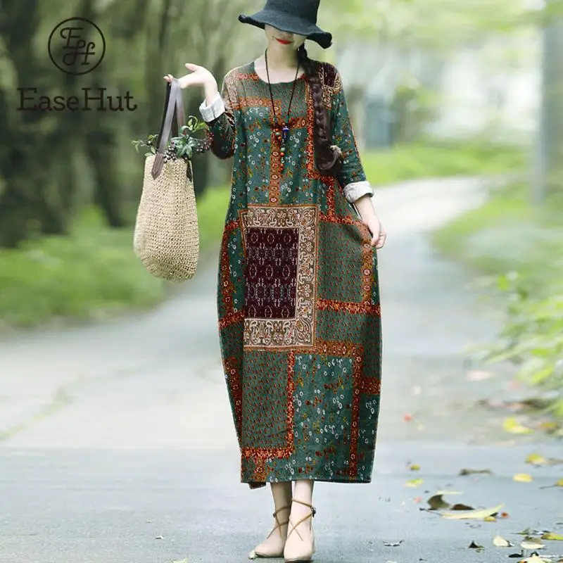 EaseHut Vintage с принтом Хлопок Льняное Платье Для женщин Свободные Повседневные Макси Платья с длинным рукавом Шею Ретро Мода Elbise mujer
