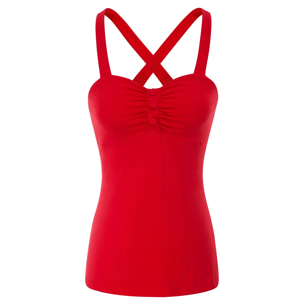 

slim fit top Women summer casual & formal party evening Vintage Retro Cross-Back Buttons Decorated Ruched Cotton Tops crop tops