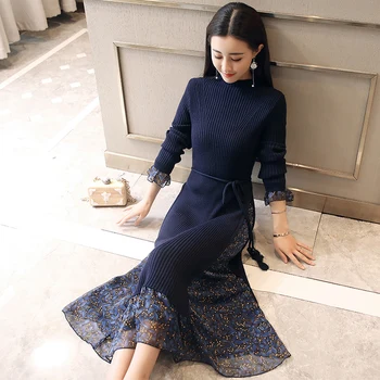 

Fashion Women Midi Sweater Dress 2018 Slim Long Dress OL Long Sleeve Half High Collar Floral Print Chiffon Splice Knit Dress New