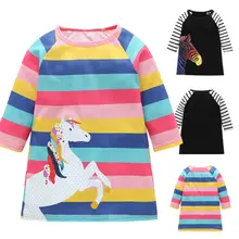 Летнее платье для девочек весенняя одежда для маленьких девочек вечерние платья принцессы в полоску с длинными рукавами и принтом лошади