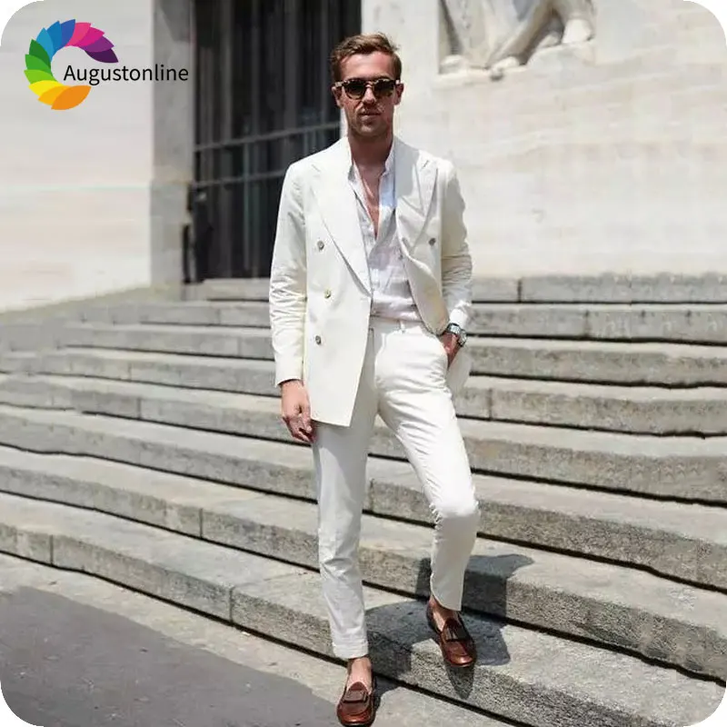 

Custom Made Ivory Men's Classic Suits Peaked Lapel Casual Man Blazers Jacket Pants 2Piece Slim Fit Terno Masculino Costume Homme