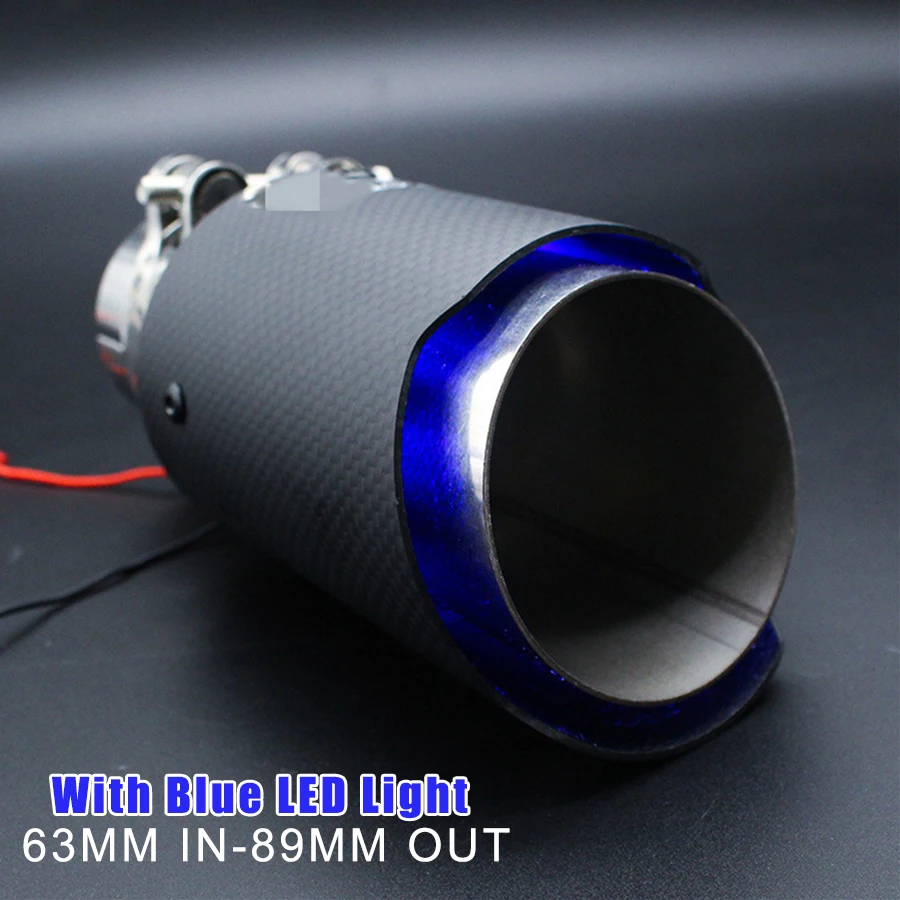 

Universal Matte Black Exhaust Tips Muffler Real Carbon Fiber Black Stainless Steel With Blue LED Light Inlet 63mm Outlet 89mm