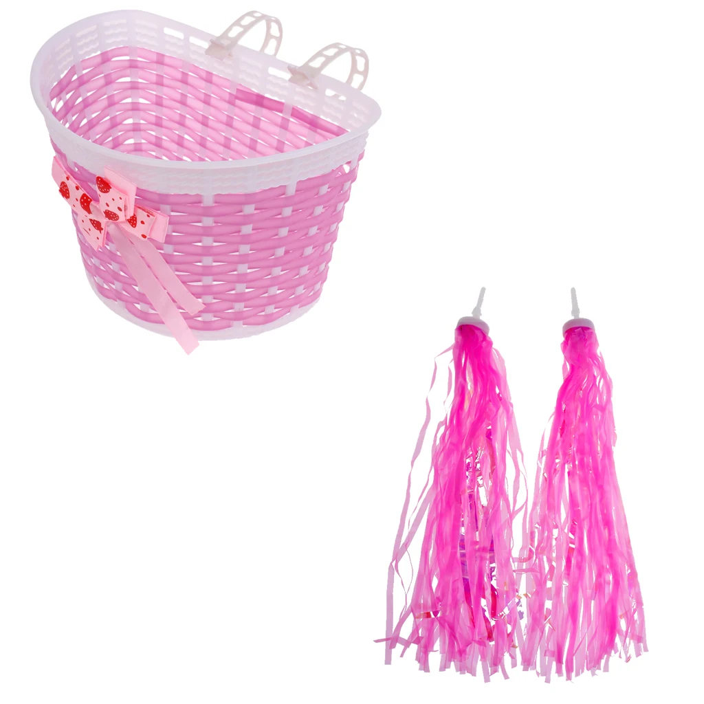 

Perfeclan Bike Handlebar Sparkle Streamers Tassels+Front Basket Pouch Detachable Pink Bike Basket Front Bike Streamers