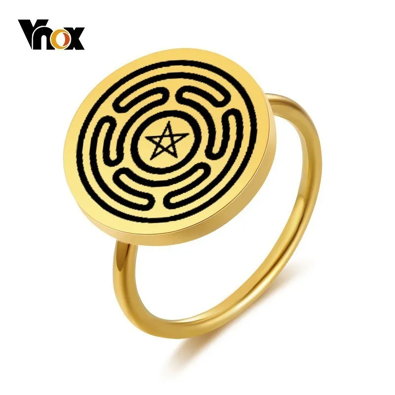 

Vnox Personalize Round Top Ring For Women Trendy Gold Tone Stainless Steel Coin Ring Hecate Symbol Engraved Lady Anel