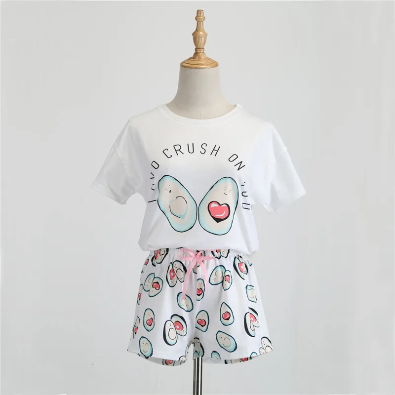 

2019 Pajamas For Women Round Neck Print Cartoon Top And Bow Front Shorts Pyjama Set Short Sleeve Casual Pijamas Verano Mujer