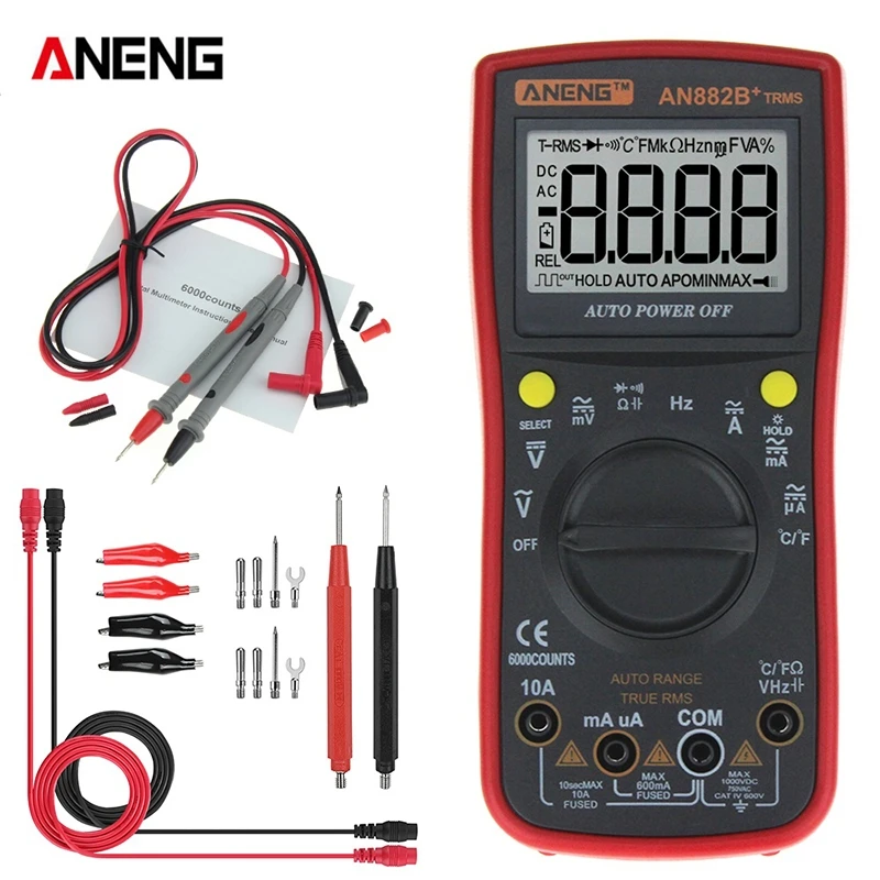 

ANENG AN882B+ True RMS Digital Multimeter 6000 Counts Data Hold AC/DC Voltage and Current Test Temperature Measurement Meter