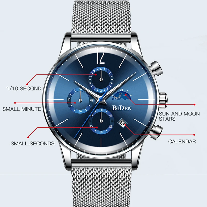 Роскошные мужские часы с хронографом от ведущего бренда, синие часы с циферблатом, с изображением Солнца и Луны и звезд, со стальным сетчатым ремешком, спортивные водонепроницаемые мужские наручные часы