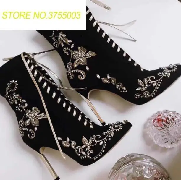 

Rhinestone Flowers Ladies Lace Up Ankle Boots Black Suede Leather Women Point Toe Boots Blade Metal Heel Female Sexy Dress Boots