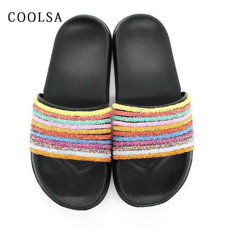 

Women Rainbow Slippers Mixed Color Flip Fops Designer Flat Slides Non Slip Home Slippers Lady Crystal Slip On Shoes Beach Sandal