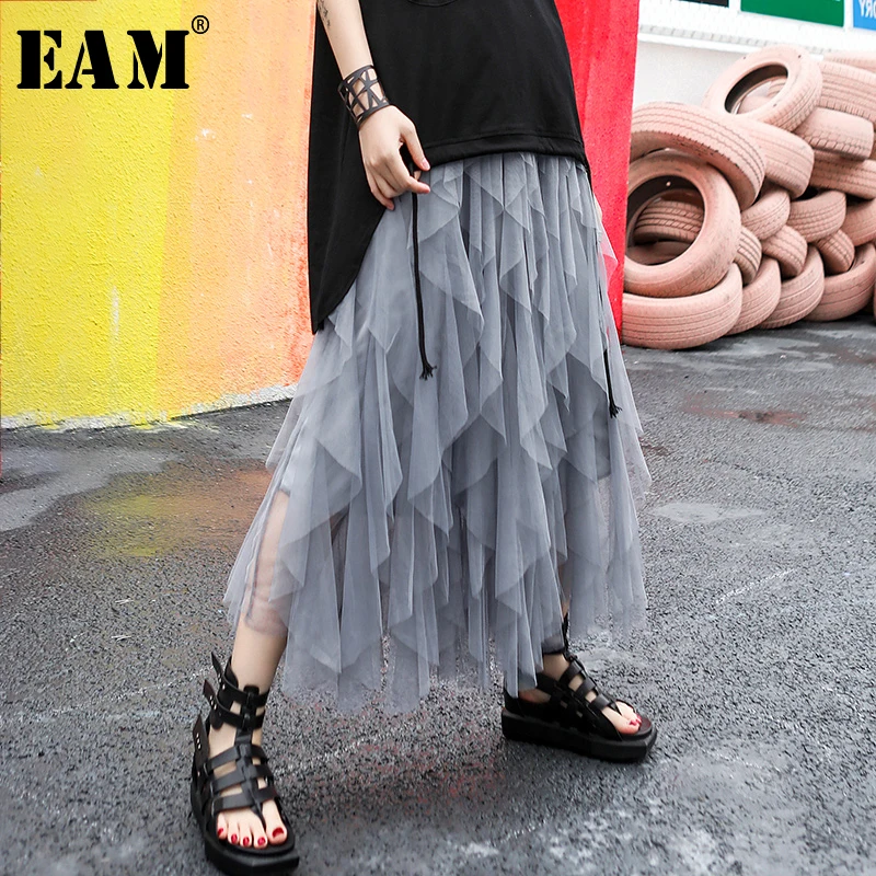 

[EAM] 2019 New Spring Summer High Elastic Waist Black Mesh Layers Irreguar Perspective Cake Half-body Skirt Women Fashion JR991