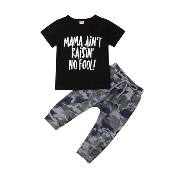 

2019 New Toddler Kids Baby Boy Short Sleeve Letter Print Cotton T-shirt Tops Camouflage Pant Trouser 2PCS Clothing Set
