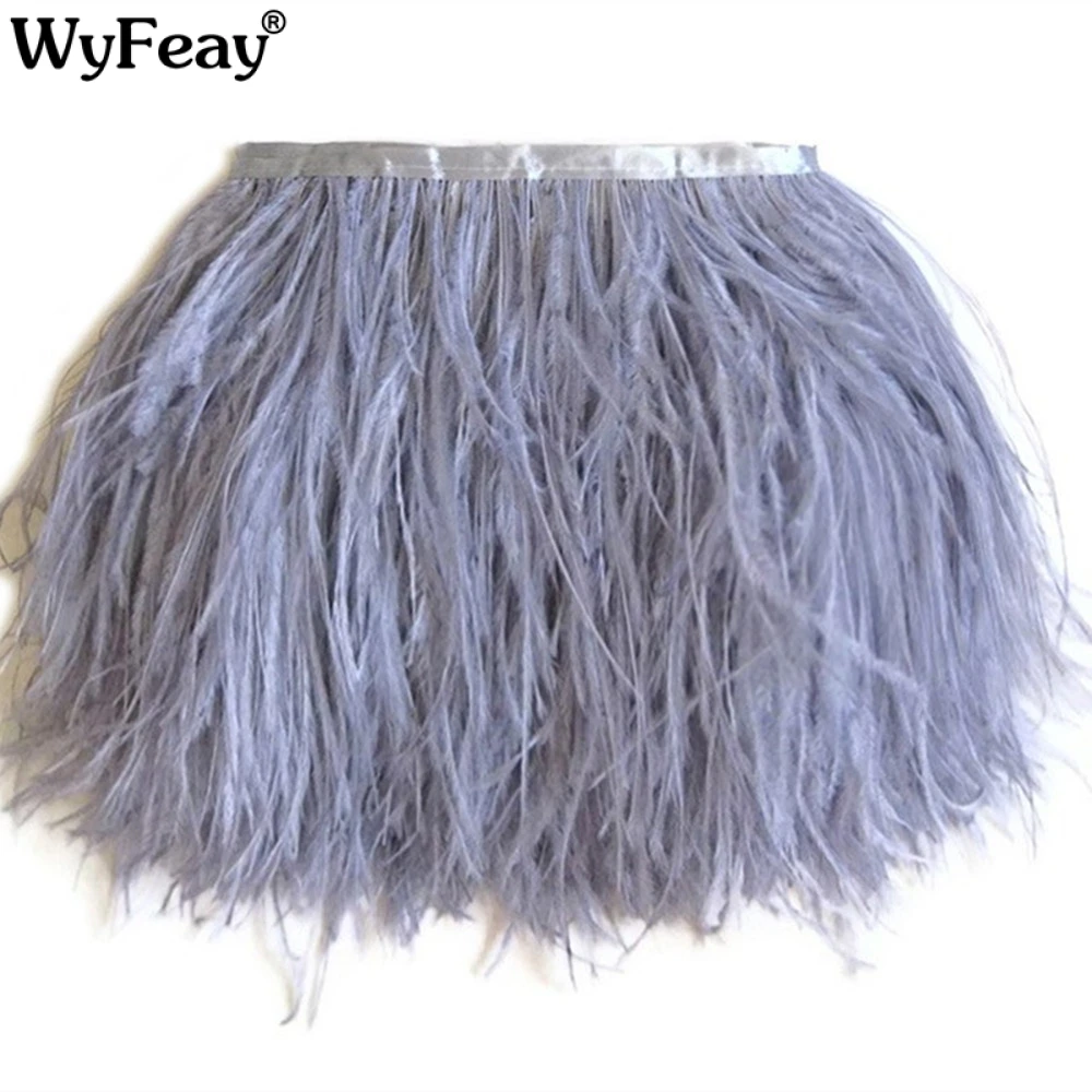

Wholesale 10 Meter Silver gray ostrich feather trims quality natural ostrich feather ribbon fringe for skirt Wedding decoration