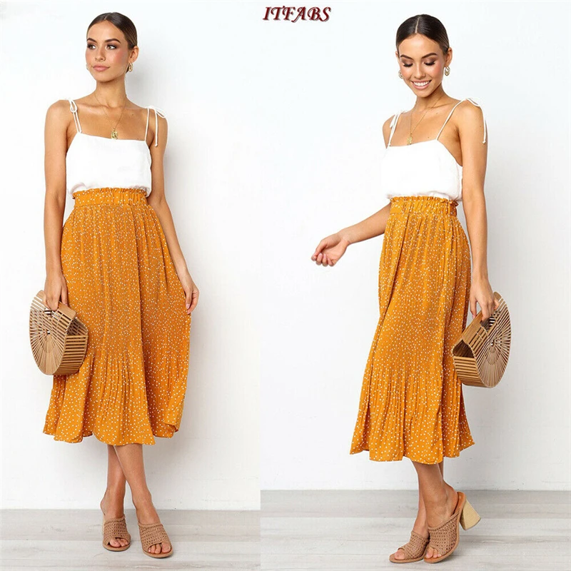 Новые женские летние юбки Boho шикарные эластичные плиссированные юбки в горошек Женские праздничные пляжные юбки с драпированными оборками миди юбка халат Femme