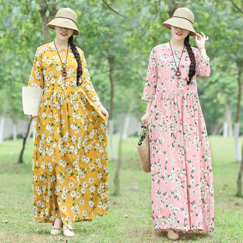 NIJIUDING Women O Neck Loose Long Dress Women Spring Retro Elegant