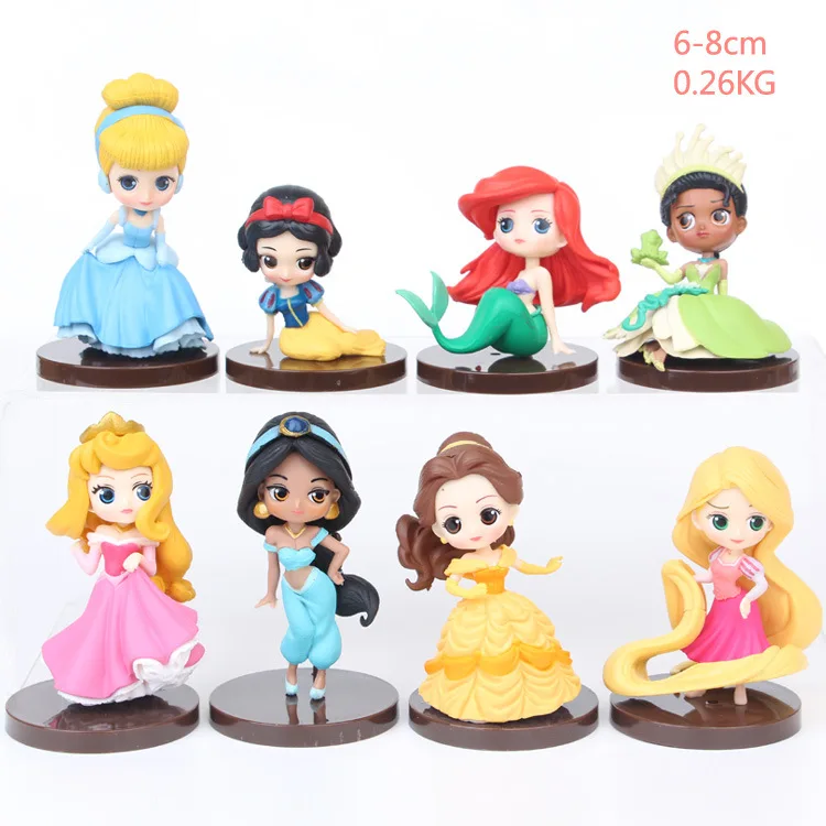 

8pcs/lot Q Posket princesses figure Toys Dolls Tiana Snow White Rapunzel Jasmine Ariel Cinderella Belle Aurore PVC 6-8cm