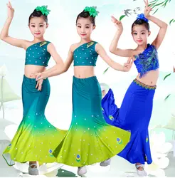 Эластичное детское платье для танцев «Дай», юбка «рыбий хвост», платье для танцев «Павлин», детское танцевальное платье