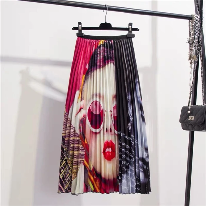 Banulin 2019 Spring Summer New-Coming Europen character Letter Printing High Elasticity Pleated High Street Style Women Skirts Banulin 2019 Spring Summer New-Coming Europen character Letter Printing High Elasticity Pleated High Street Style Women Skirts