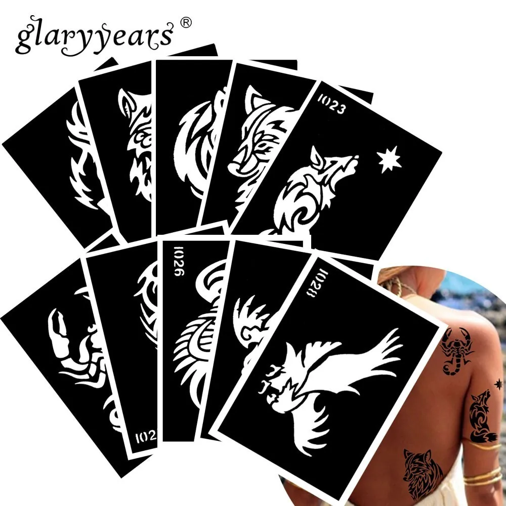 

10 Pieces/Set Henna Tattoo Stencil Wolf Pattern Paste Drawing Body Art Tattoo Stencil Sexy Product Waterproof 2019 HN43