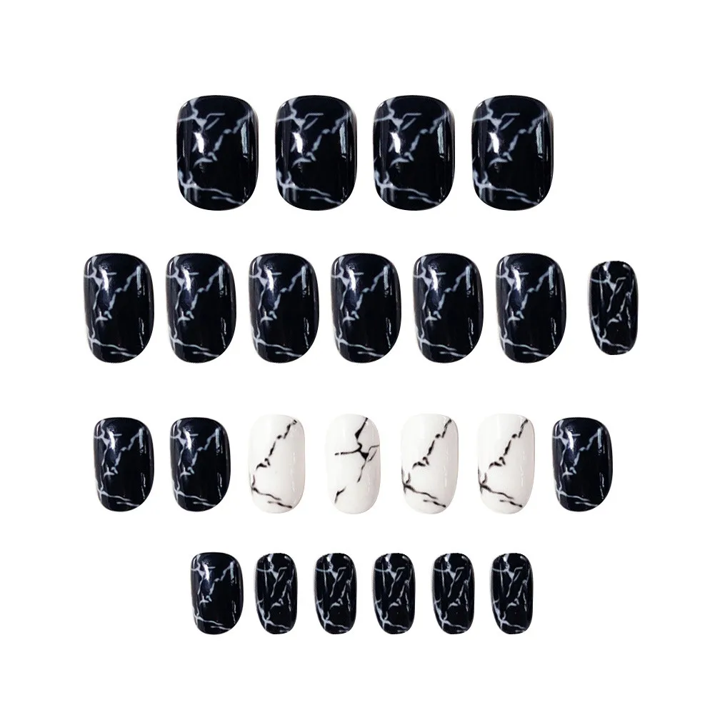ELECOOL, 24 шт., УФ накладные ногти, мраморные, черные, с полным покрытием, Длинные кончики для ногтей, акриловые накладные ногти, накладные ногти, искусственные ногти, дизайн