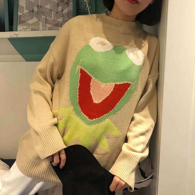 NiceMix мультяшный свитер в стиле Харадзюку, женские повседневные Пуловеры на осень с круглым вырезом, забавные Джемперы в виде лягушки, Корейская уличная одежда, Pull Hiver Femme