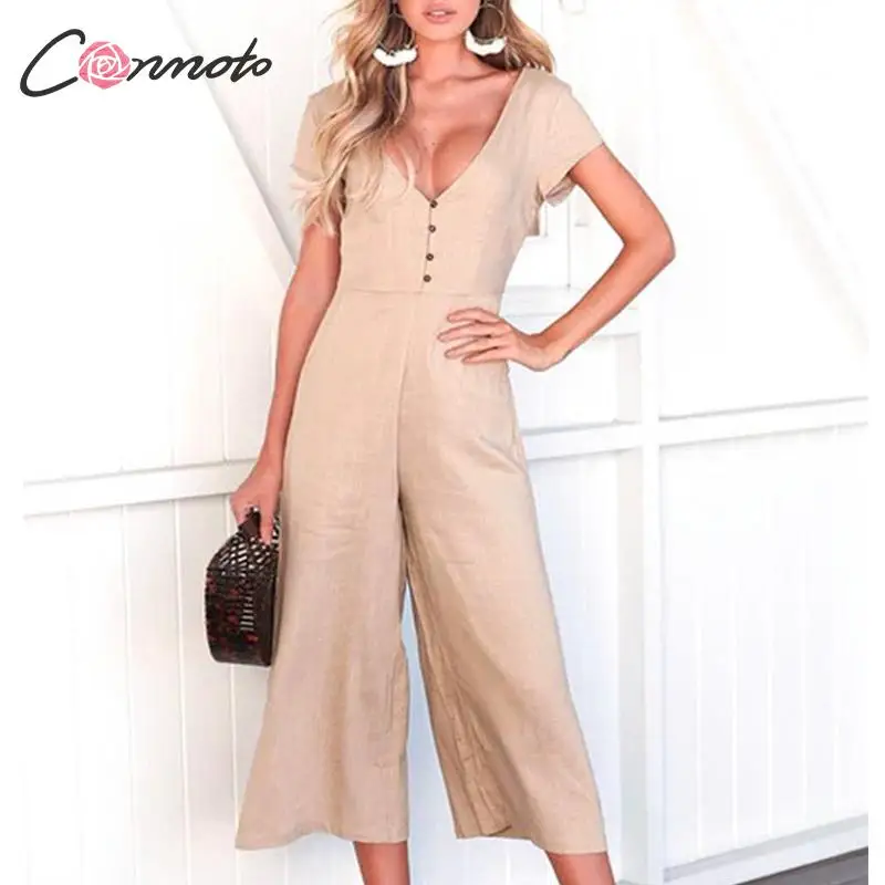 

Conmoto Casual V Neck Solid Color Jumpsuit Women 2019 Summer High Waist Wide Leg Long Rompers Female Fashion Holiday Playsuit